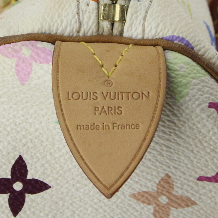 Sac à main Louis Vuitton Speedy 30 en toile monogram multicolore blanche et cuir naturel - Detail D3
