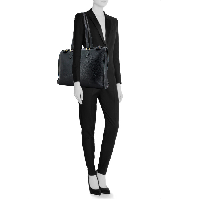 Sac cabas Hermes en cuir grainé noir - Detail D1
