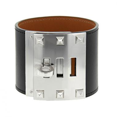 Bracelet manchette Hermes grand modèle en cuir noir et palladium
