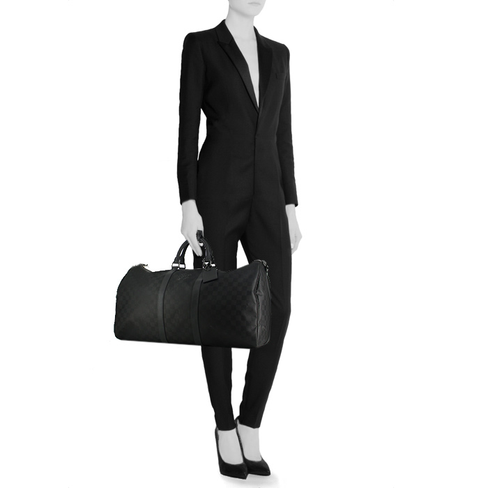 Sac de voyage Louis Vuitton Keepall 50 cm en toile damier grise et cuir gris foncé - Detail D1