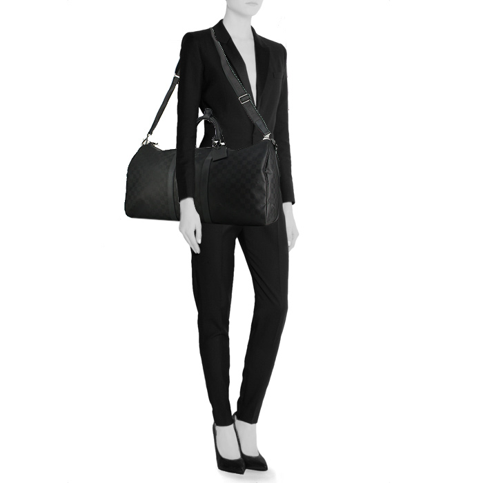 Sac de voyage Louis Vuitton Keepall 50 cm en toile damier grise et cuir gris foncé - Detail D2