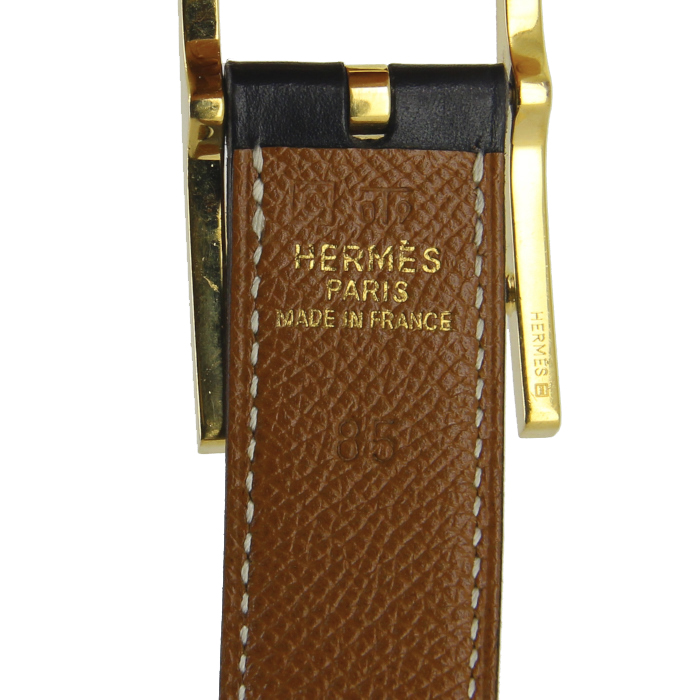 Ceinture Hermes Quentin en cuir togo noir et marron - Detail D3