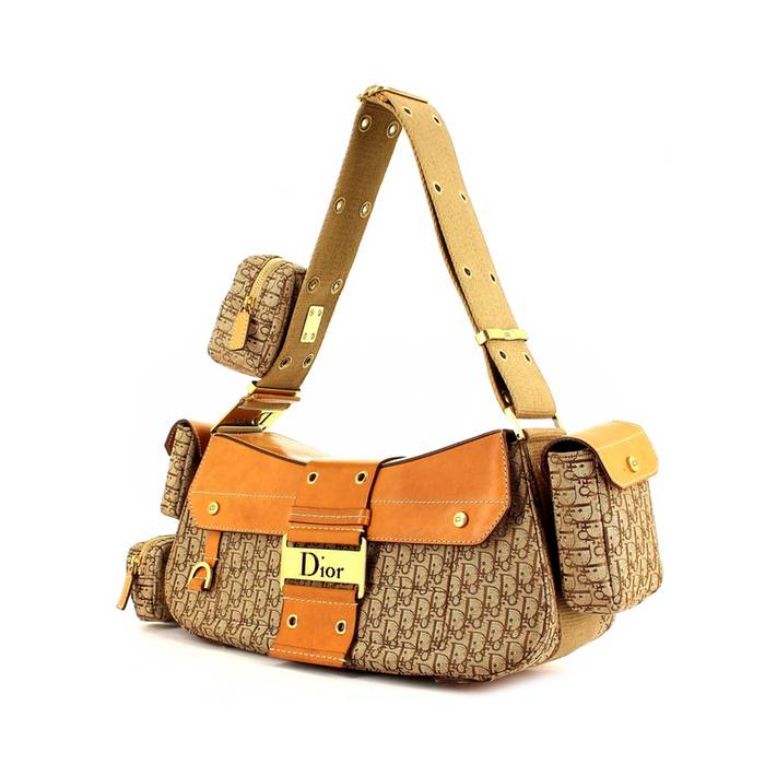 Bolso de mano Dior Street Chic en cuero color oro y lona monogram beige