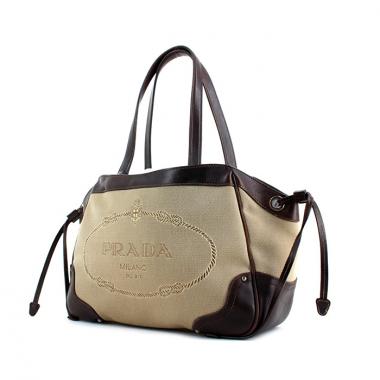 Bolso de mano Prada en cuero marrón y lona monogram beige