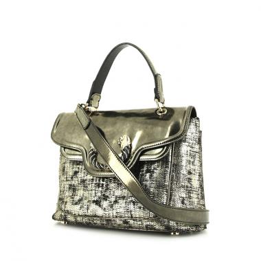Bolso bandolera Bulgari Leoni en cuero degradado plateado y charol plateado