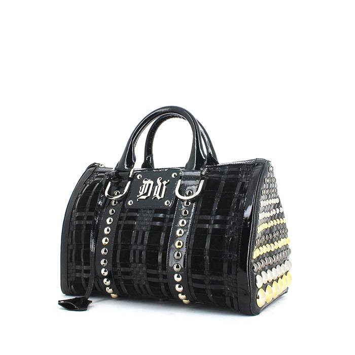 Versace Madonna Boston handbag in black patent leather and black suede - 00pp