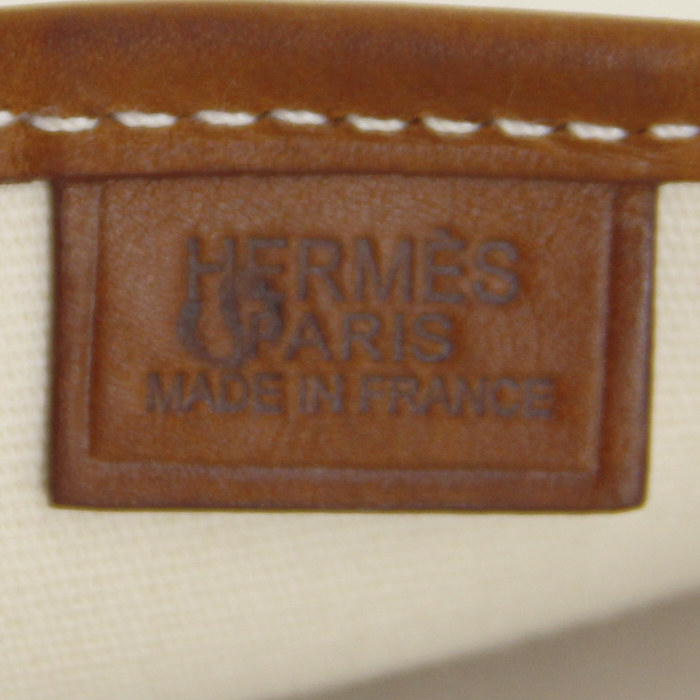 Hermes handbag in beige canvas and brown leather - Detail D3