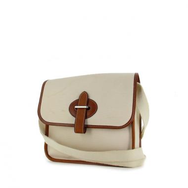 Borsa in tela beige e pelle marrone