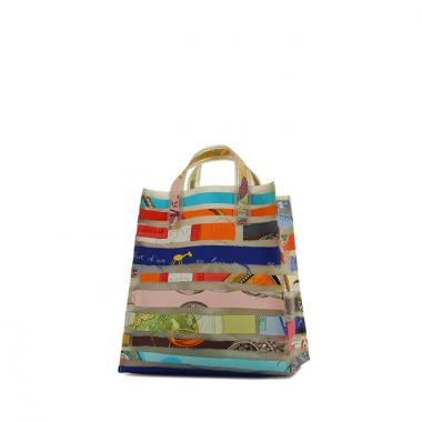 Bolso Cabás Hermes en plástico tricolor azul, naranja y verde y seda