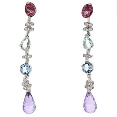 Pendientes colgantes Chanel Vénitienne modelo grande en oro blanco,  diamantes y topacio azul, en turmalina rosa y en aguamarina