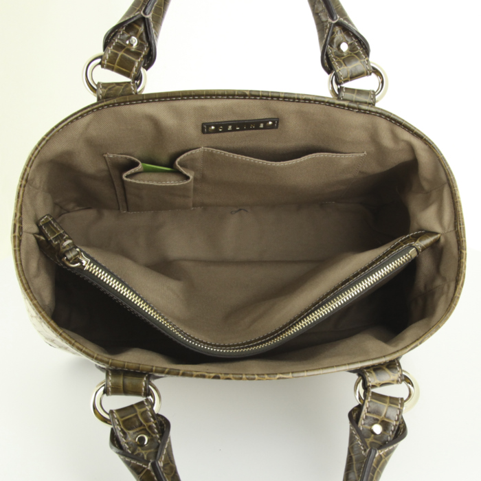 Celine Boogie handbag in khaki leather and beige monogram canvas - Detail D2