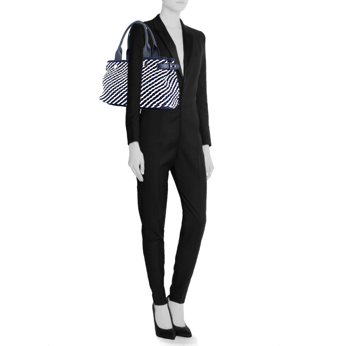 Bolso Cabás Loewe en tejido trenzado blanco y azul y cuero azul - Detail D1