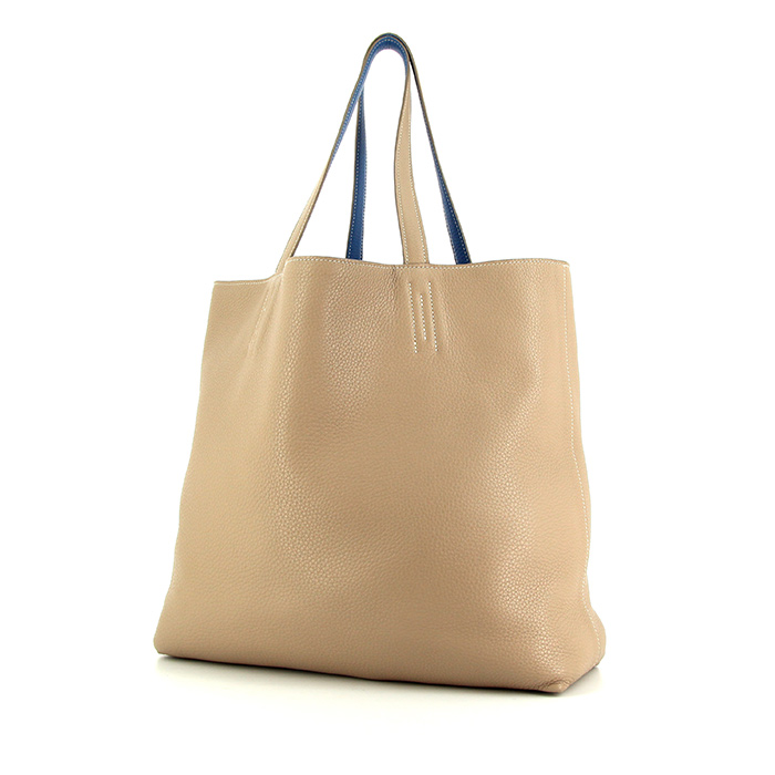 Bolso Cabás Hermes modelo grande en cuero granulado bicolor azul y gris tórtola - Detail D2