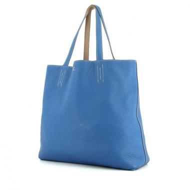Shopping bag Hermes modello grande in pelle martellata bicolore blu e grigio tortora
