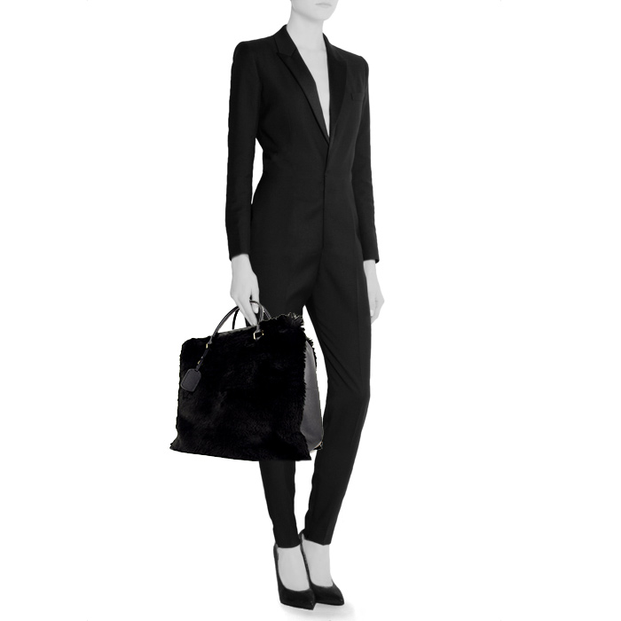 Borsa ventiquattrore in pelle nera e pelliccia sintetica nera - Detail D1