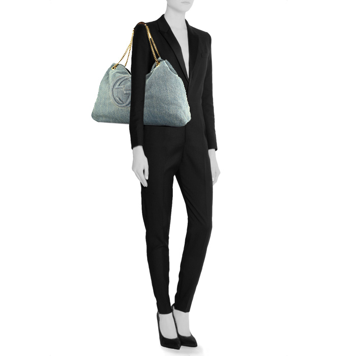 Gucci Soho handbag in blue jean denim canvas and brown leather - Detail D1