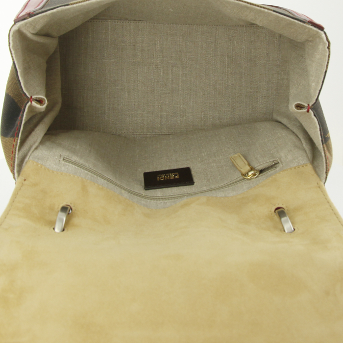 Fendi Silvana shoulder bag in red leather and brown printed patern canvas - Detail D3