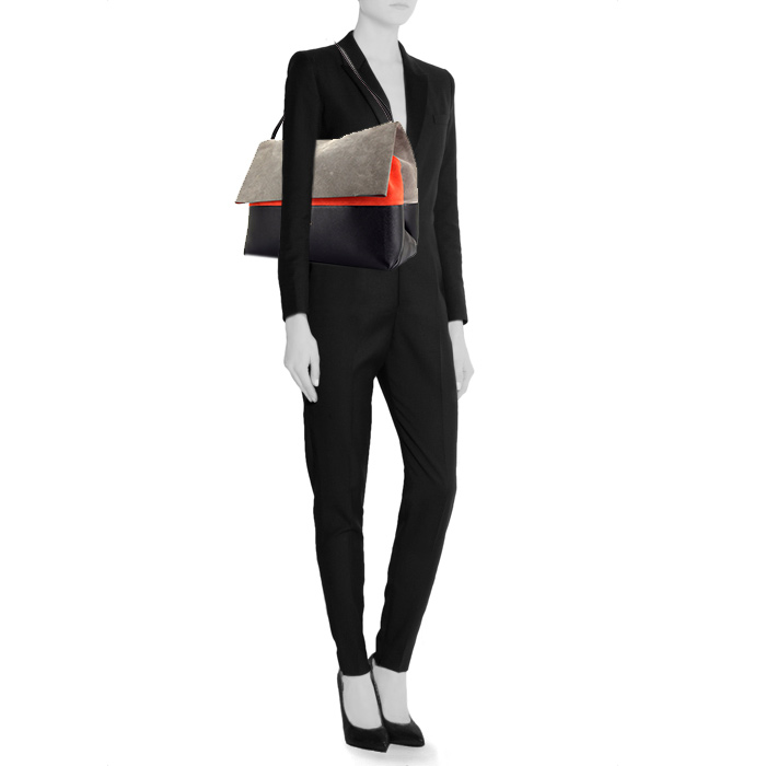 Celine All Soft Shoulder bag in grey, black and coral tricolor suede - Detail D1