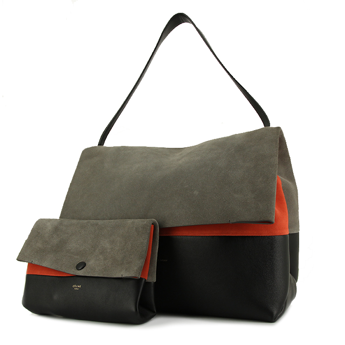 Sac Celine All Soft porté épaule en daim tricolore gris noir et corail - Detail D2