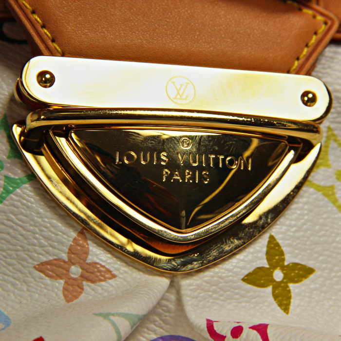 Bolso de mano Louis Vuitton Ursula en lona Monogram revestida multicolor blanca y cuero natural - Detail D4