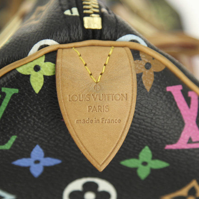 Bolso de mano Louis Vuitton Speedy Editions Limitées en lona Monogram multicolor negra y cuero natural - Detail D3