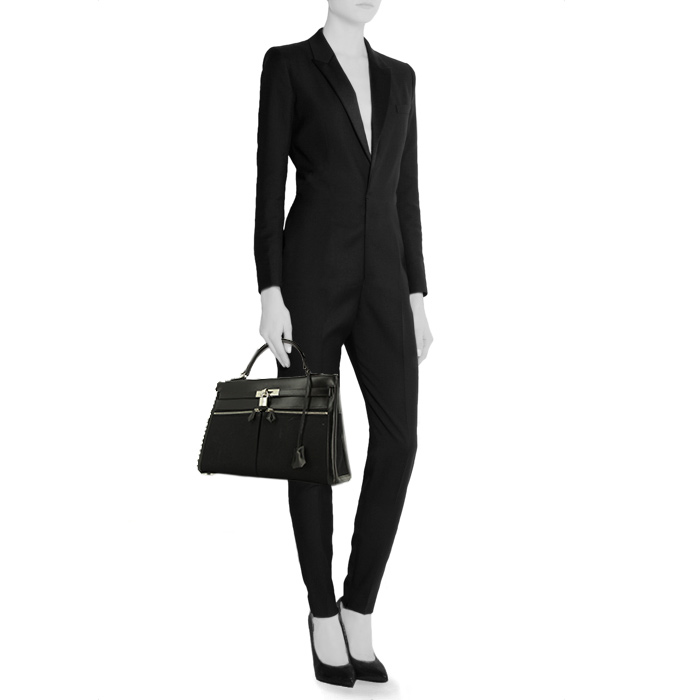 Hermes Kelly Lakis handbag in black box leather and black canvas - Detail D1