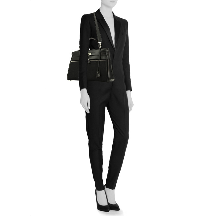 Borsa Hermes Kelly Lakis in pelle box nera e tela nera - Detail D2