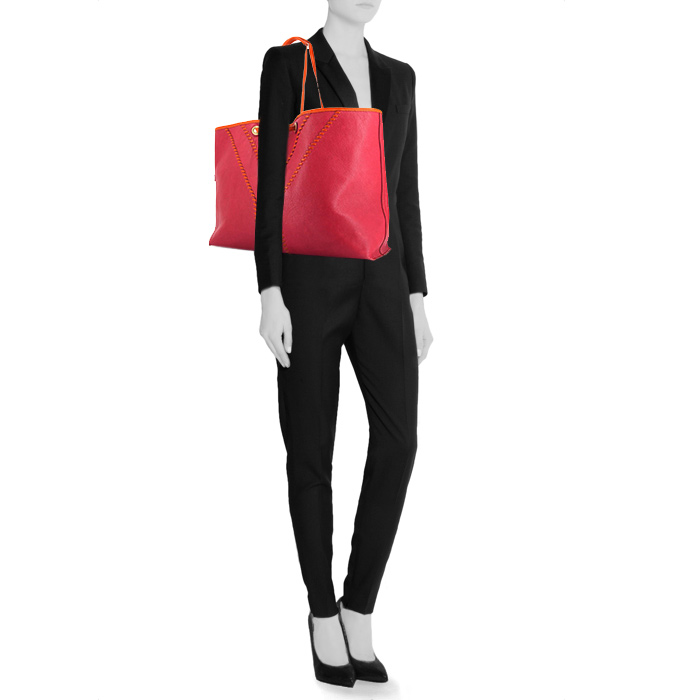 Shopping bag Saint Laurent Néo Double in pelle rosa e arancione - Detail D1