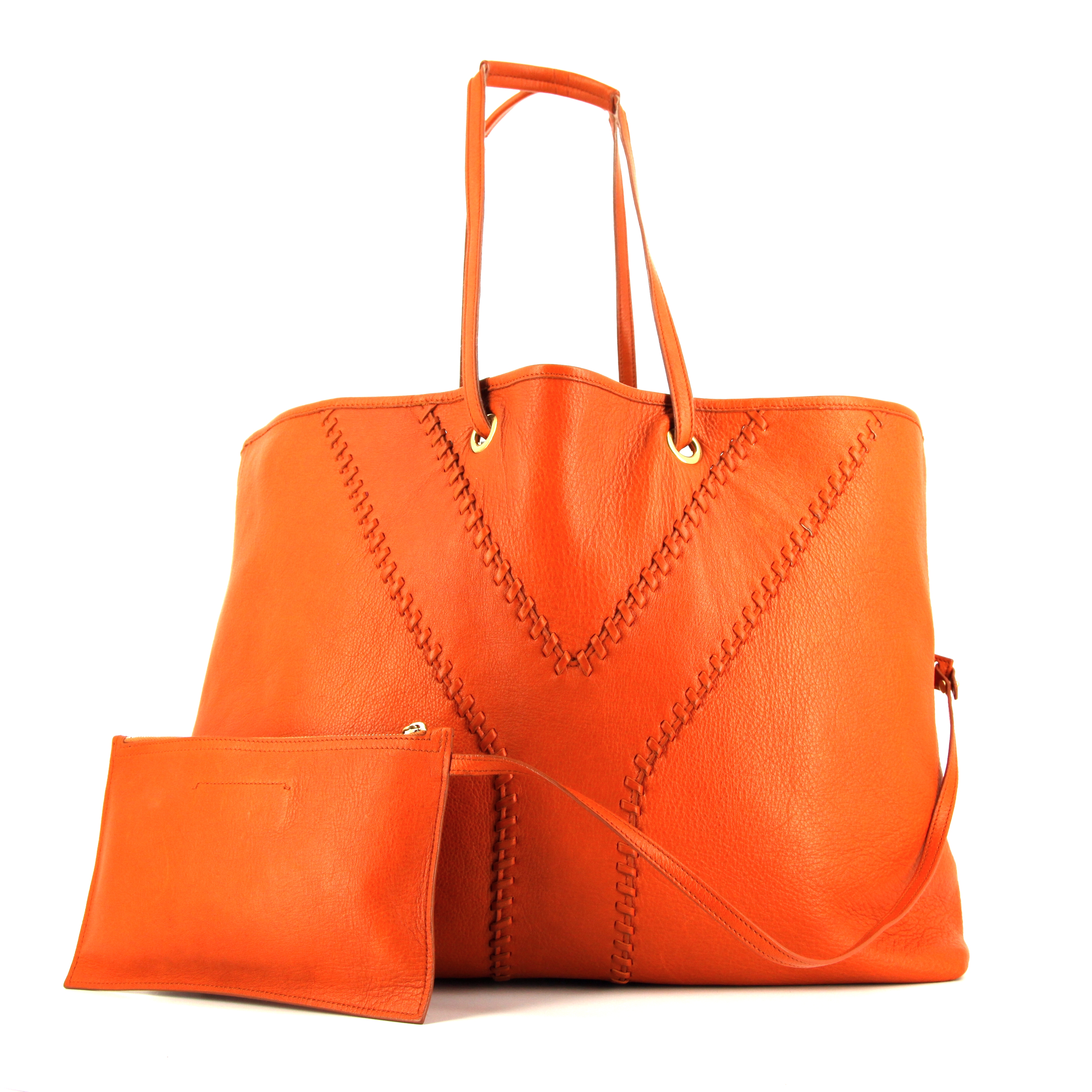 Saint Laurent Néo Double shopping bag in pink and orange leather - Detail D2