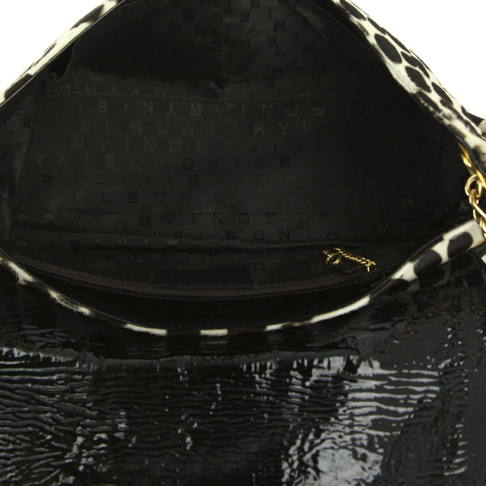 Borsa da spalla o a mano Sonia Rykiel in puledro bicolore bianco e nero con motivo animalier e pelle verniciata nera - Detail D2