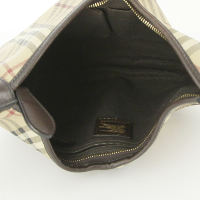 Bolso para llevar al hombro o en la mano Burberry en lona Haymarket beige y cuero marrón - Detail D2