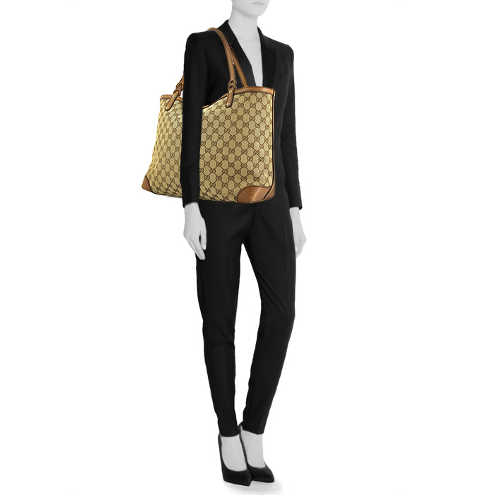 Gucci shopping bag in beige and taupe bicolor monogram canvas and taupe leather - Detail D1
