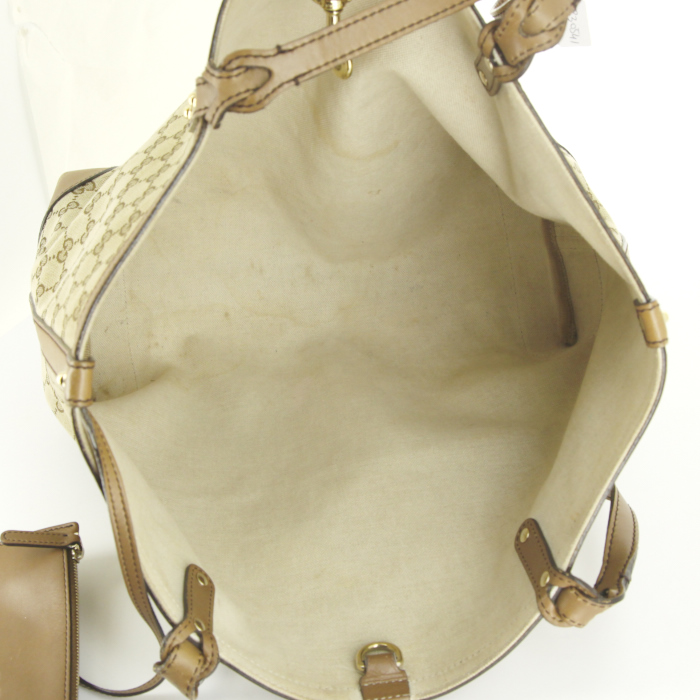 Sac cabas Gucci en toile monogram bicolore beige et taupe et cuir taupe - Detail D2