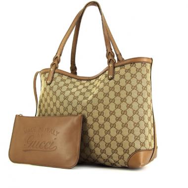 Shopping bag Gucci in tela monogram bicolore beige e color talpa e pelle color talpa