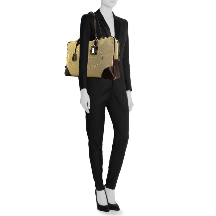 Borsa Prada in tela beige e pelle marrone - Detail D1