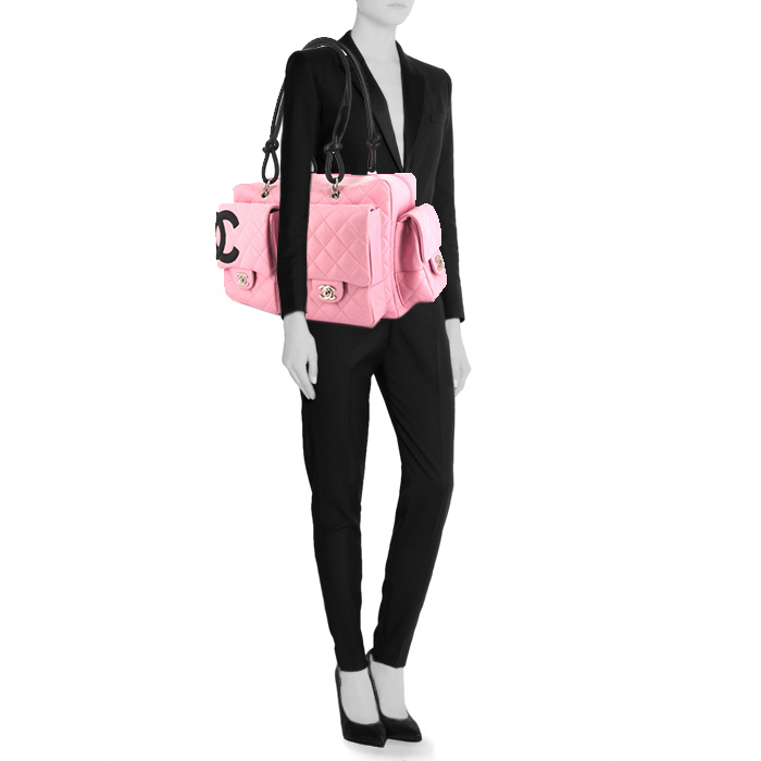 Bolso Cabás Chanel Cambon en cuero acolchado rosa y negro - Detail D1