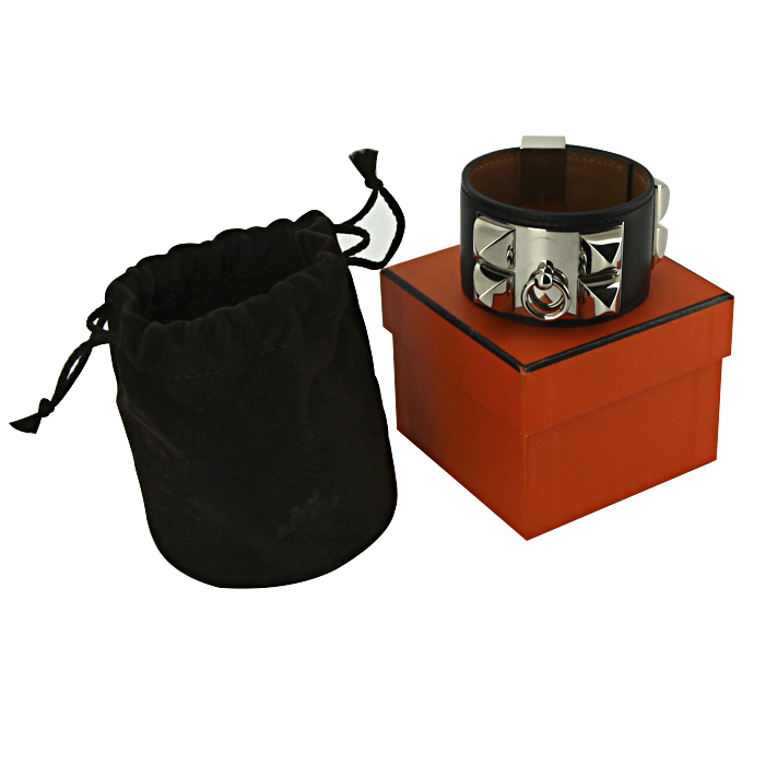 Bracelet manchette Hermes Médor en palladium et cuir noir - Detail D2