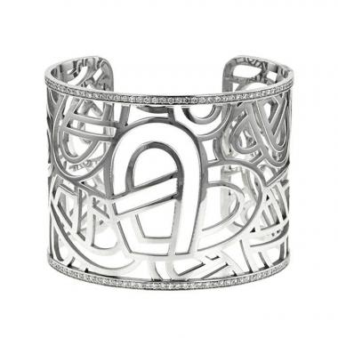 Bracelet manchette Poiray Coeur Fil grand modèle en or blanc et diamants