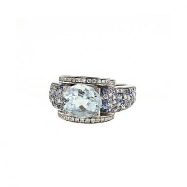 Mauboussin Eternité élégance ring in white gold,  diamonds and sapphires and in aquamarine