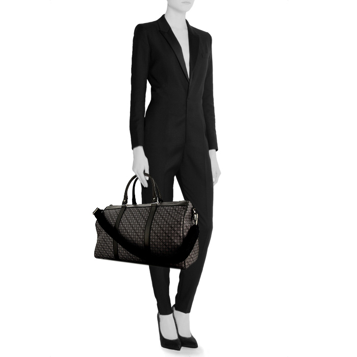 Sac de week end Salvatore Ferragamo en toile monogram grise et noire et cuir noir - Detail D1