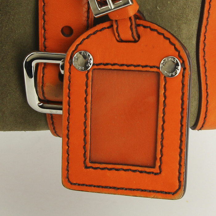 Sac à main Prada en daim vert-kaki et cuir orange - Detail D4