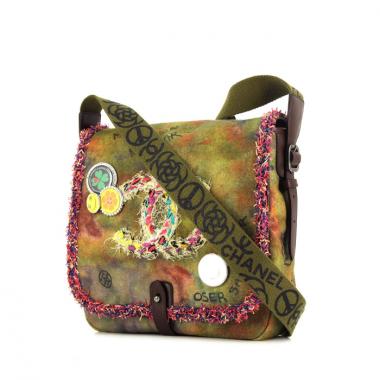 Bolso zurrón Chanel Messenger Graffiti en lona caqui, rosa y amarilla y cuero marrón oscuro