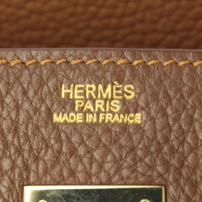 Bolso de mano Hermes Birkin 30 cm en cuero togo color oro, marrón y beige - Detail D3