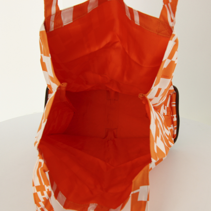 Hermes Silky Pop - Shop Bag shopping bag in orange printed canvas and brown leather - Detail D3