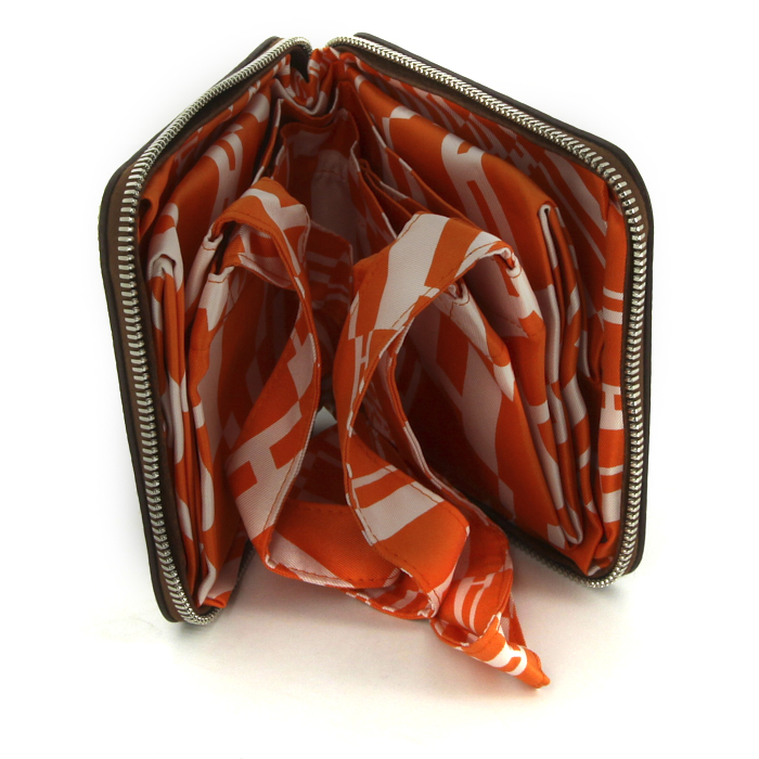 Hermes Silky Pop - Shop Bag shopping bag in orange printed canvas and brown leather - Detail D4