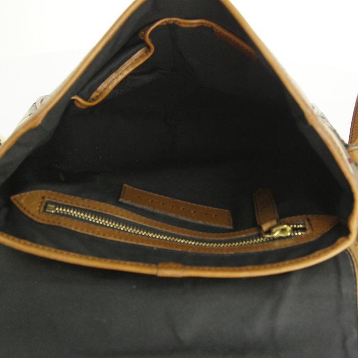 Borsa bisaccia Burberry in tela cerata Haymarket beige e pelle marrone - Detail D2