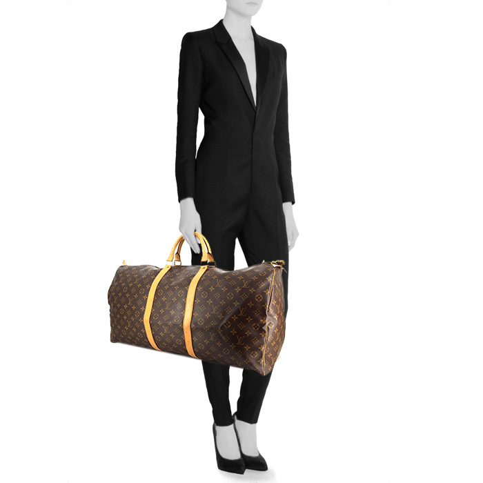 Bolsa de viaje Louis Vuitton Keepall 60 cm en lona Monogram marrón y cuero natural - Detail D1