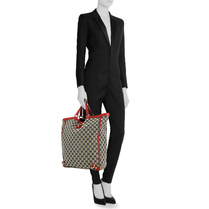 Shopping bag Gucci in tessuto monogrammato beige e pelle rossa - Detail D1