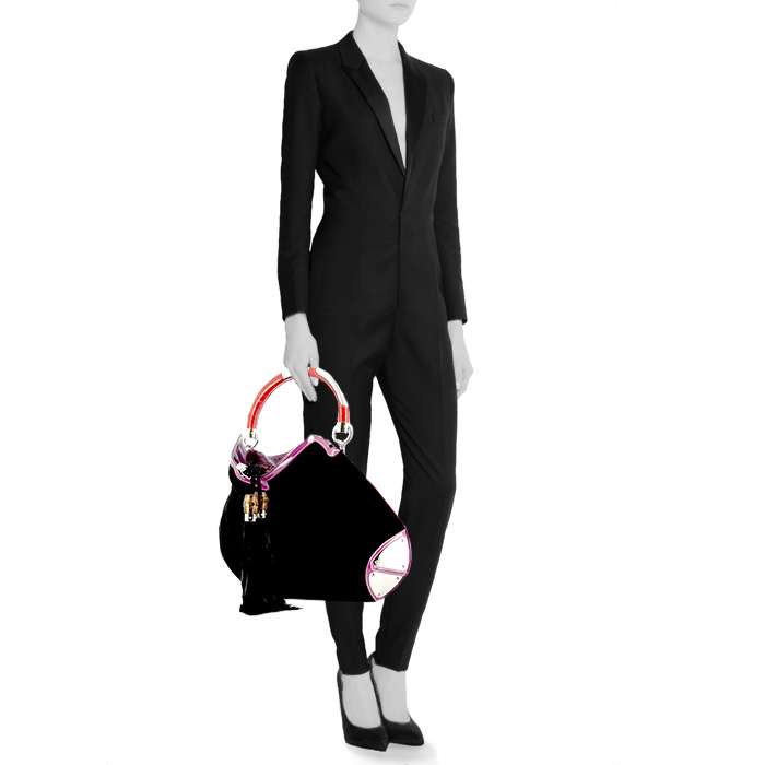 Bolso de mano Gucci Bamboo Indy Hobo en ante negro y charol violeta - Detail D1