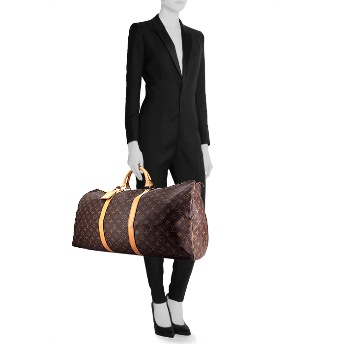 Louis Vuitton Keepall 60 cm travel bag in brown monogram canvas and natural leather - Detail D1